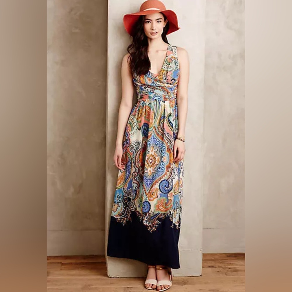 ANTHROPOLOGIE MAEVE VIZCAYA MAXI DRESS Paisley Chiffon Multicolor‎ Size 0P